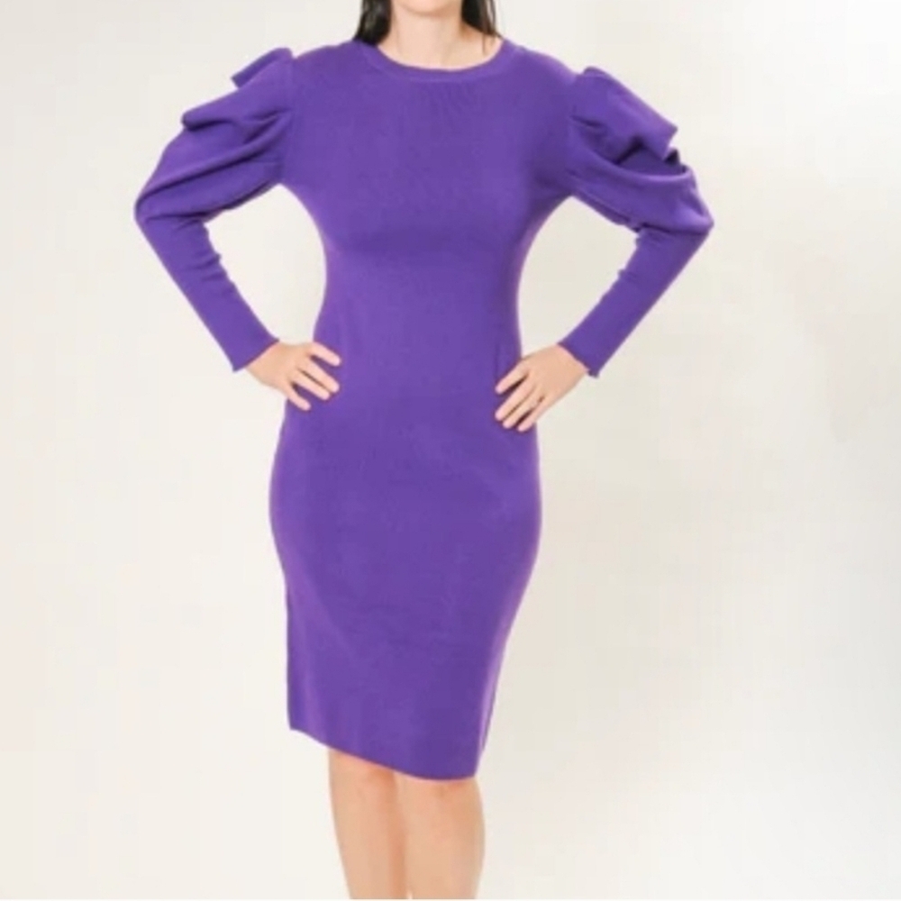 Area Stars Purple Puff Sleeve Knit Knee-Length Dress, Women's Size Medium